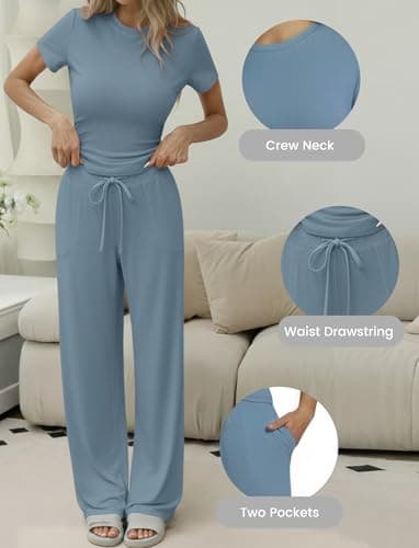 Flevita Women's 2 Piece Sets Summer Airport Outfits T-shirts and 31" Inseam Wide Leg Pants Set Comfortable Travel Lounge Wear Pjs with Pockets Blue XS - Thumbnail 2