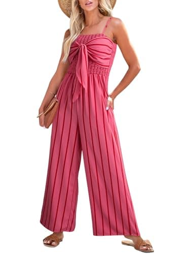Dokotoo Jumpsuits for Women 2025 Fashion Spaghetti Strap Womens Boho Overalls Loose Casual Wide Leg One Piece Sleeveless Printed Beach Vacation Long Pant Rompers with Pockets,Rose-Striped X-Large - Image 1