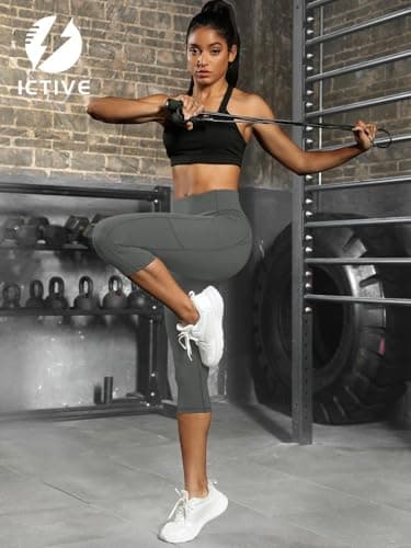 Fihapyli ICTIVE Women's Capris Yoga Pants with Pockets Running Pilates Fitness Running High Waisted Leggings Grey L - Thumbnail 6