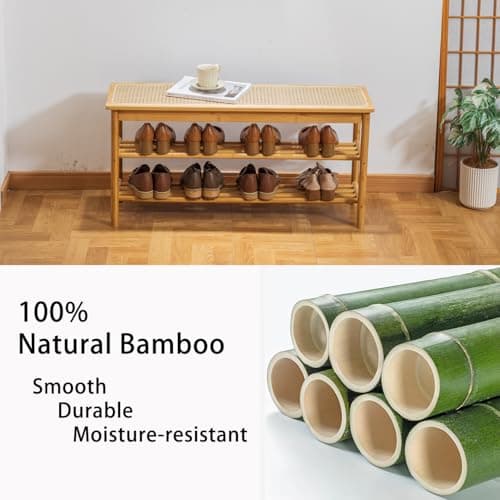 latifolia Shoe Rack Bench, 3-Tier Bamboo Shoe Bench with Breathable Rattan Seat Cushion, Shoe Storage Rack for Entryway(Nautre,39.70''L) - Thumbnail 4