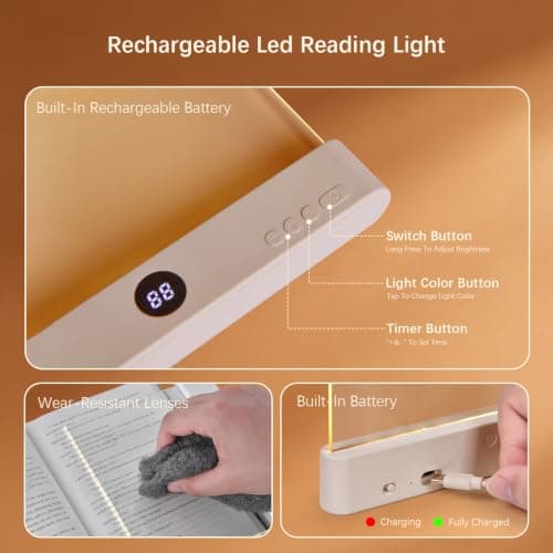 Choudao Tech LED Book Light and Night Light 2 in 1, 3 Color Temperatures & Stepless Dimming, USB Rechargeable Reading Light with Timer for Night Reading (Pink) - Thumbnail 3