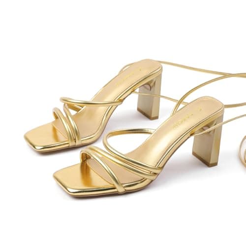 Amoji Women 3 Inch Strap Up Heels Lady Heeled Sandal Ankle Strappy Wedding Party Dressing Dress Shoes 331 Gold Heels Size 7 women - Thumbnail 5
