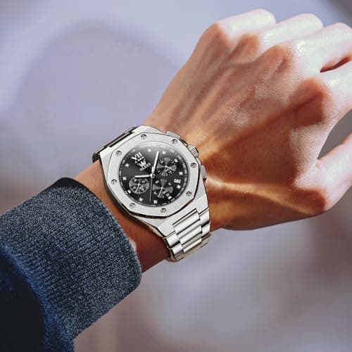 OLEVS Men's Watch Silver Stainless Steel with Black Dial Casual Watch for Men Quartz Analog 3ATM Waterproof Business Professional Style for Office Work Daily Commute 42mm Diameter Case Easy to Read. - Thumbnail 4