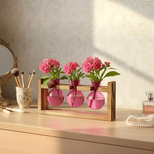 XXXFLOWER Glass Plant Terrarium Propagation Station, Gifts for Mom Plant Lovers Wife Daughter, 3 Bulb Glass Vase Plant Terrarium Tabletop for Hydroponics Home Office Indoor Decor (Pink) - Thumbnail 3