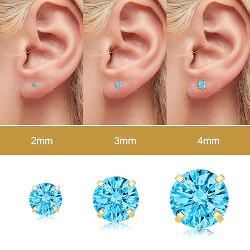 Handmade Tiny Flat Back Stud Earrings: 3 Pairs 14K Gold Plated Screw Flatback 2 3 4mm Cubic Zirconia Earrings Cartilage Piercing Jewelry for Women Helix Tragus Earlobe (3 Pairs-Aquamarine Blue CZ Stud-2/3/4mm) - Thumbnail 3