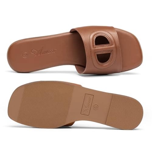Athlefit Brown Flat Sandals Women Square Open Toe Comfortable Slip On Summer Beach Slide Sandals Size 10 - Thumbnail 5