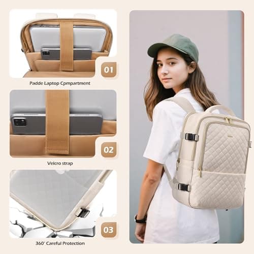 MDODO Travel Backpack for Women Men - Large Carry on Backpack fits 15.6" Laptop Lightweight Travel Bag Daypack Waterproof Causal Bookbag Backpack for College,Work,36L, Beige - Thumbnail 4