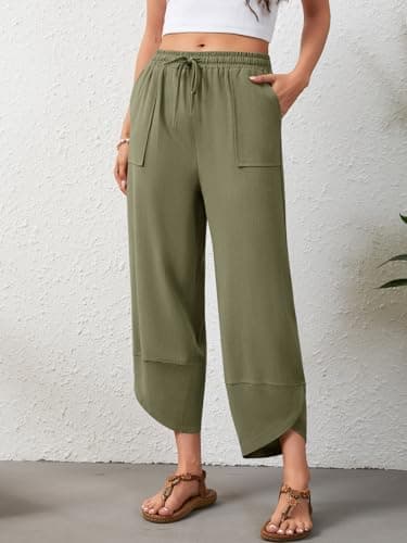 Jiflora Womens Flowy Linen Pants Wide Leg Palazzo Drawstring Elastic Waist Trousers with Pockets Beach Green 01 M - Thumbnail 3
