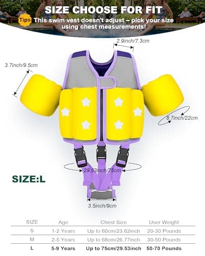 AEOCOO Kids Pool Floaties 1-2-3-5-7-9 Years Old, Toddler Swim Vest 20-30-50-70 Pounds, Comfortable Extended Wear Kids Float Jacket with Crotch Strap, Bright Design and Unpadded Sides, Purple - Thumbnail 5