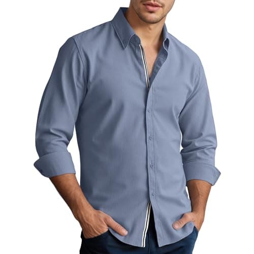 Men’s Casual Untucked Button Down Shirt Long Sleeve Stylish Business Casual Dress Shirts for Men Blue - Image 1