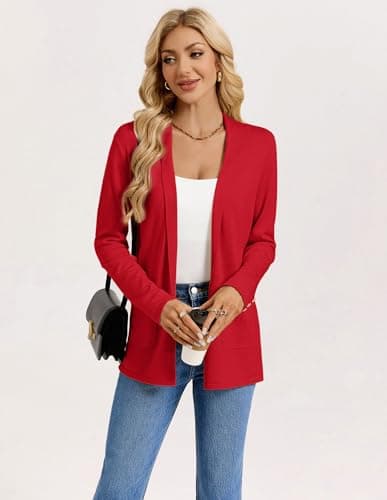 GRACE KARIN Long Cardigans for Women, Open Front Spring Sweaters, Lightweight Knit Blazer with Pockets Red M - Thumbnail 2