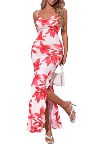 PRETTYGARDEN Women's Summer Beach Wedding Guest Dress Bodycon Floral Maxi Dresses 2026 Spring Tropical Vacation Sundresses (White Red Floral,Large) - Image 1