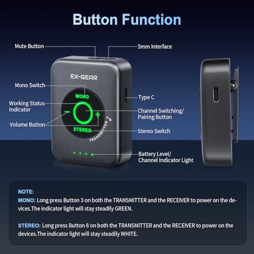 EX GEAR Wireless in Ear Monitor System 5.8GHz, Ultra-Low Latency Clear Stereo Monitoring, 48kHz/24-bit Audio, Rechargeable TX/RX, One-to-Many Auto-Pairing, 100ft Range, Space Gray - Thumbnail 5