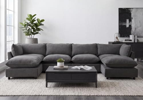 Iroomy Modular Sectional Sofa, U Shaped Chenille Cloud Couch Deep Comfy Seat, 6-Seater Sofas Couches for Living Room, Dark Grey, High Feet - Image 1