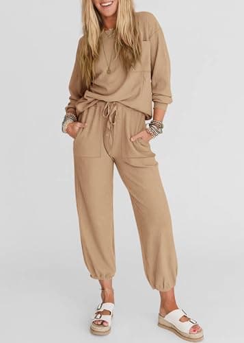 KIRUNDO Lounge Sets for Women 2026 Fall Airport Travel Outfits Ribbed Knit Tops Jogger Pants Tracksuit Postpartum Comfy Set(Khaki, XX-Large) - Thumbnail 4