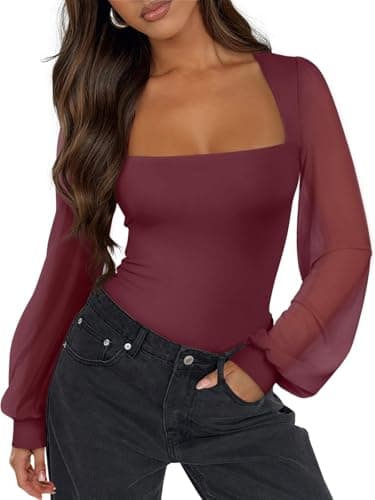 PINKMSTYLE Mesh Long Sleeve Bodysuit for Women Square Neck Body Suits Cute Double Lined Tops Classy Sheer Puff Sleeves Shirt Burgundy Large - Image 1