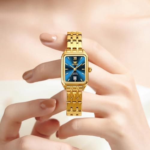 OLEVS Watch Womens Gold Luxury Rectangle Waterproof Fashion Small Wrist Blue Face Watches for Women Square Stainless Steel Analog Quartz Dress Womens Watch Reloj para Mujer - Thumbnail 3