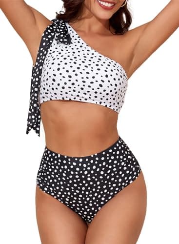 Herseas Women's One Bow Shoulder Bikini Sets Cutout Cute Bathing Suit Ruched Slimming Black and White Polka Dots Swim Suit Teen Girls Beach Vacation Essentails Large - Image 1