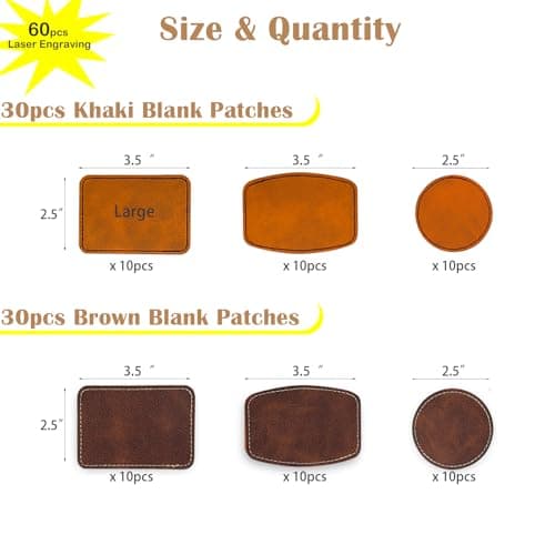 iFForce Laser Engraving Blanks - 60pcs Leatherette Khaki & Brown Hat Patches - PU Leather Iron on Hat Patches for DIY Custom Laserable Engravable Craft Gifts - Thumbnail 2