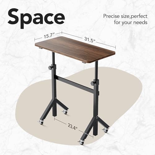 HUANUO 32'' Small Standing Desk with Wheels,28.7"-46.1" Heigh Adjustable Portable Rolling Desks,Mobile Stand Up Desk for Walking Pad and Treadmill,Sit to Stand Computer Workstation for Bedroom,Walnut - Thumbnail 3