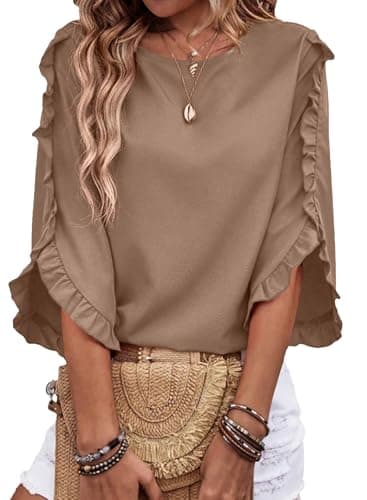 EVALESS 3/4 Length Sleeve Womens Tops Dressy Casual Blouses Cute Crewneck Ruffle Sleeve Shirts Fashion 2026 Spring Summer Outfits Business Work Tops Women's Clothes Khaki Large - Image 1