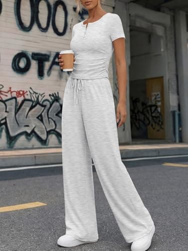 Trendy Queen Womens 2 Piece Sets Lounge Matching Set Cruise Casual Vacation Outfits Summer Airport Workout Gym Clothes Spring Fashion 2026 Teen Girl Wide Leg Pants Athletic Travel Tops Oatmeal Grey S - Thumbnail 3