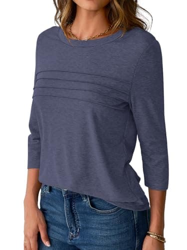 NORACORA 3/4 Length Sleeve Womens Tops Spring Fall Fashion Tops 2025 Dressy Casual Blouses Trendy Pleated Tunic Outfits Tee Tshirts Navy Blue XXL - Thumbnail 3