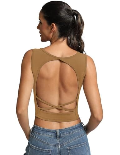 Fihapyli ICTIVE Women's Sleeveless Backless Tank Top Criss Cross Back Slim Fit Workout Yoga Crop Casual Shirts Khaki S