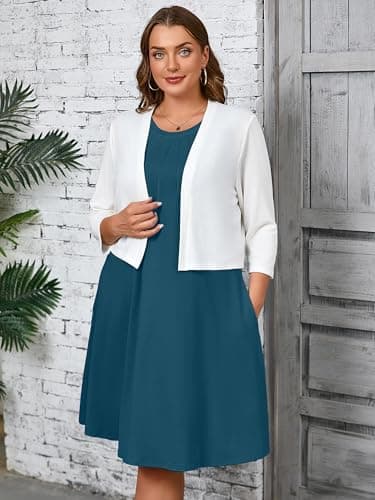 AusLook Plus Size Midi Dress for Women Sleeveless Casual Summer Indigo Blue 1X Tank Dress with Pockets Round Neck A-Line Swing Flowy Solid Color Travel Vacation Sundress - Thumbnail 5