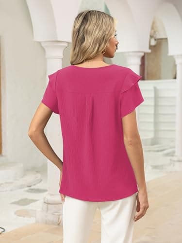 Funlingo Womens Dressy Casual Tops Summer Business Work Blouses Ruffle Short Sleeve Crew Neck Pleated Shirts Trendy Outfits 2026 Rose Red XL - Thumbnail 4