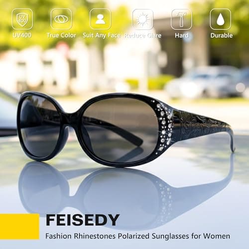 FEISEDY Women's Polarized Sunglasses Wrap Around Rhinestone Design Fashion Sunnies UV400 Protection B1091 Black/Grey - Thumbnail 5