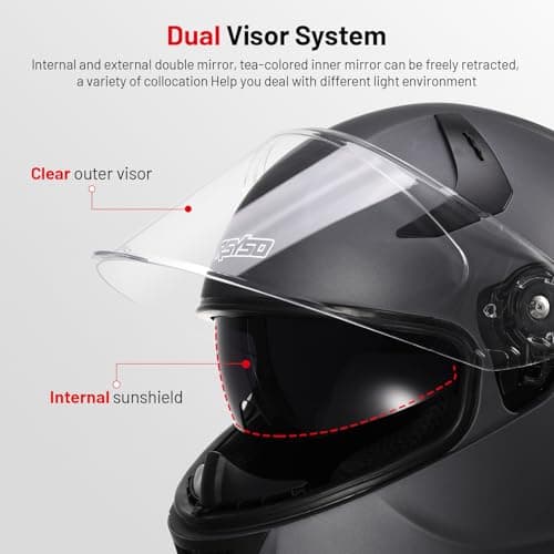RSYSO Dual Visor Full Face Motorcycle Helmet with LED Tail Light DOT Approved Motorbike Racing Street Bike Helmets for Adult Matte Gray, XL - Thumbnail 5