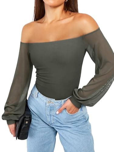REORIA Womens Going Out Off The Shoulder Sheer Mesh Puff Long Sleeve Thong Bodysuit Tops Grayish Green Small - Thumbnail 2
