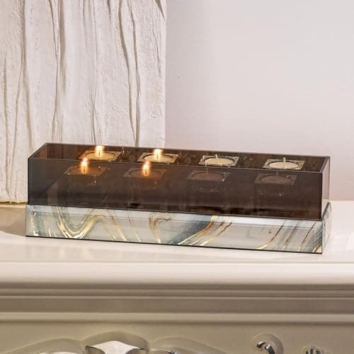 Timetrace Glass Candle Holder Rectangular 4 Candle Seat with Marble Pattern-Tealight and Votive Candles Holders Centerpiece Table Decorations for Home Décor, Dining Room, Kitchen, Patio (White) - Thumbnail 3