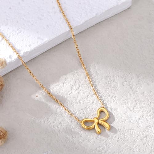 Fimhut Easter Gifts for Kids Girls Easter Basket Stuffers - Bow Necklaces Dainty 14K-Gold-Plated Cute Choker Necklace Fashion Bow Pendant Necklaces Trendy Jewelry Gift for Teenage Girl Women - Thumbnail 6