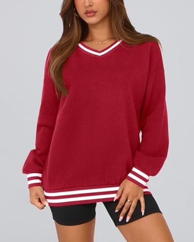 PRETTYGARDEN Women's Oversized Sweatshirts Casual Long Sleeve Stripes Knit V Neck Pullover Top Spring Preppy Clothes(Red,XX-Large) - Thumbnail 6