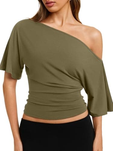 REORIA Women's Off The Shoulder Tops Short Sleeve Cinched Waist T-Shirts - Image 1