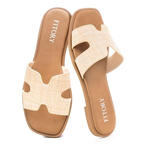 FITORY Women's Slide Sandals, Flat Fashion Square Open Toe with Cushion Slippers for Summer Beach Size 10 Raffia - Image 1