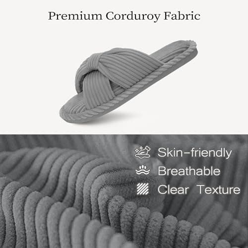 IPSAE House Slippers for Woman Memory Foam Open Toe Slippers Corduroy Cross Bow Womens Slipper Slides Comfy Indoor Bedroom Slip On Shoes - Thumbnail 3