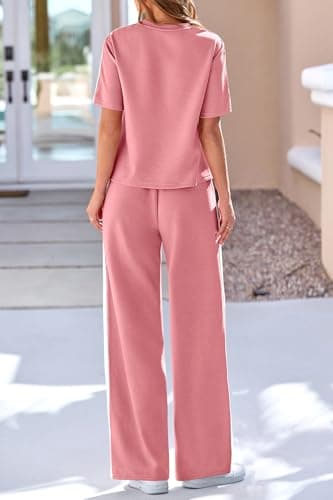 PRETTYGARDEN Women's 2 Piece Sets Summer Casual Short Sleeve Tops Wide Leg Pants Matching Lounge Set Vacation Travel Outfits (Pink,XL) - Thumbnail 5