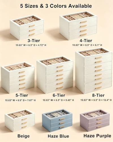 Lolalet Jewelry Box Organizer, 3-Layer Jewelry Organizers and Storage Case with Glass Lid, Ring Earring Bracelet Necklace Holder Organizer, Mothers Day Gifts for Mom, Women Girls -3Layer, Beige - Thumbnail 3