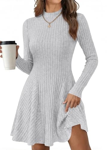 KIRUNDO Sweater Dress for Women 2026 Spring Fall Long Sleeve Mock Turtleneck A Line Fit and Flare Ribbed Knit Short Dresses(Grey, X-Large) - Image 1