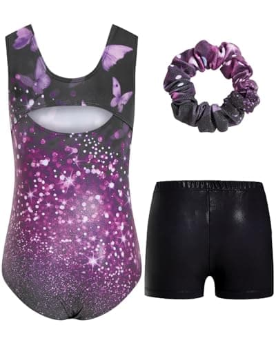 JiAmy Gymnastics Leotards for Girls, Sleeveless Sparkly Dance Biketards with Shorts Ballet Tumbling Outfit Sparkly Black Purple Butterfly 9-10 Years - Thumbnail 2