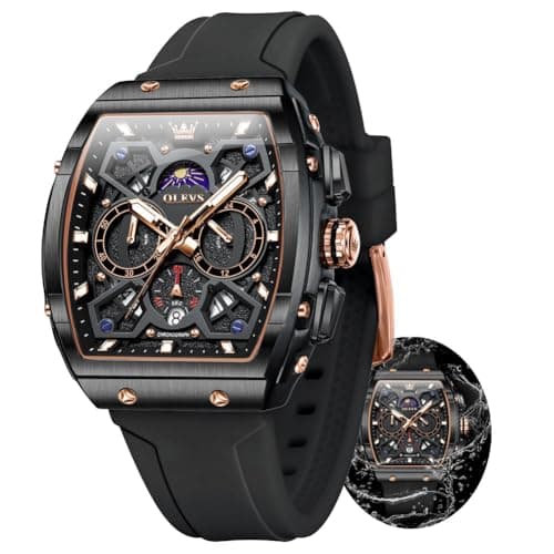 OLEVS Black Watches for Men Luxury Fashion Tonneau Square Large Face Skeleton Mens Watches Rubber Moon Phase Date Waterproof Multifunctional Chronograph Metal Men's Watch Reloj para Hombre - Image 1