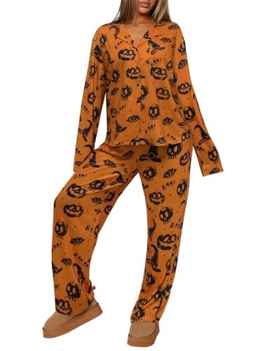 REORIA Funny Halloween Pajamas Women Button Up 2 Piece Pajama Set Sleepwear Orange Pumpkin Large - Image 1