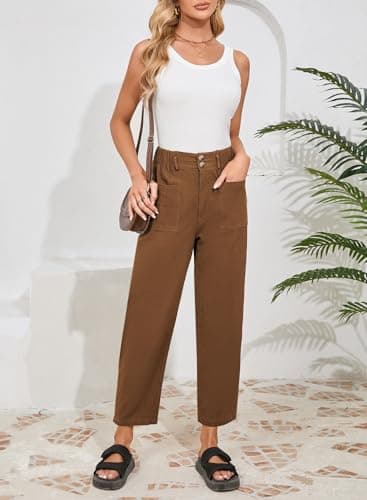 Dokotoo Womens Linen Pants Women 2026 Fashion Business Summer Capri Pants Travel Outfits for Women High Waisted Trouser Flowy Breathable Lady Slacks Basic Cotton Fall Clothes Palazzo Chestnut 2XL - Thumbnail 3