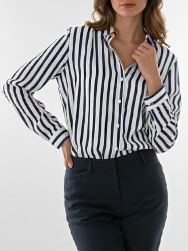 Women’s Long Sleeve Button Down Shirt, Classic Striped Blouse with Pearl Buttons, Casual & Dressy Tops for Women, Comfortable Polyester Blouse for Work & Everyday Wear (Navy)-XL - Thumbnail 4