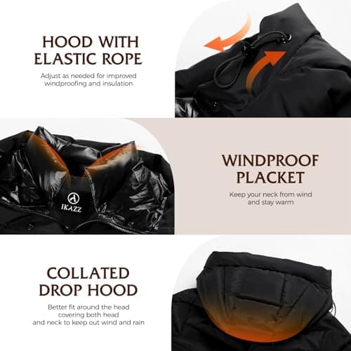 IKAZZ Winter Warm Coats, Women's Luxurious Fashion Windproof Down Quilted Long Parkas Outerwear, Rain Water-Resistant Thick Insulated Hooded Puffer Jacket, Black XL - Thumbnail 3