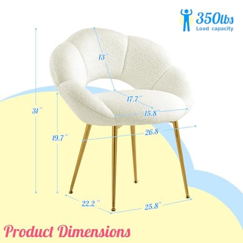 SUPPNEED Home Office Desk Vanity Chair: Petal Cute Comfy Accent Makeup Chair with Back Arms Modern Comfortable Metal Aesthetic Make Up Chairs for Girls Women Gold & White - Thumbnail 3