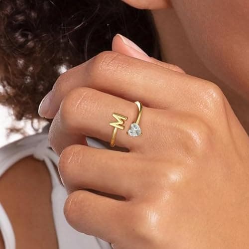 Fezodo Initial Rings for Women Non Tarnish - 18K Gold Plated Initial V Ring Adjustable Heart Cubic Zirconia Rings for Women Gold Jewelry Gifts - Thumbnail 3